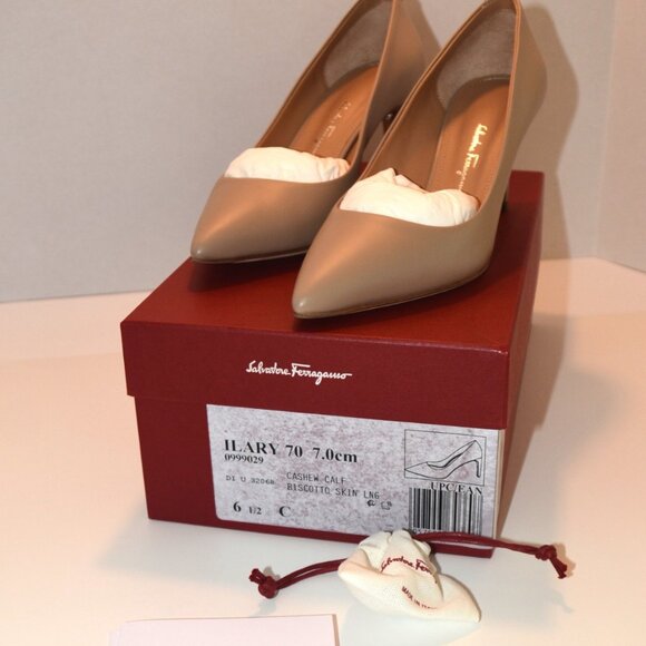 Salvatore Ferragamo Women's "ILARY 70" Beige Patent Leather Heeled Pumps - Picture 6 of 11